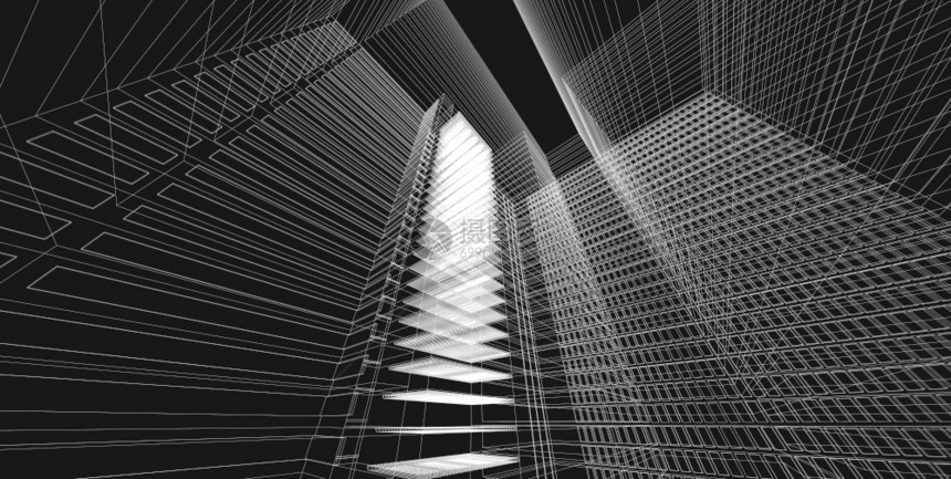 线框3d图解现代城市建筑抽象背景设计3D图解架构建设透视直线三维图解建筑结构技术的正面图片