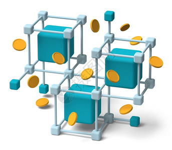 链将虚拟硬币连锁系统概念3D以白底投影为隐形货币数字的图片