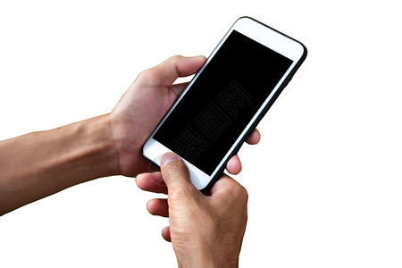 互联网女支持手白色背景的移动智能电话手机图片