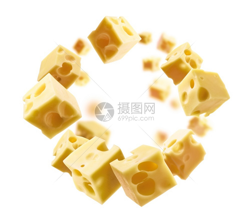 oopicapi奶酪立方体在白色背景上悬浮奶酪立方体在白色背景上悬浮航班洞图片