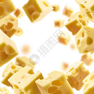 伊丹健康切达干酪成熟奶立方体在白色背景上悬浮奶酪立方体在白色背景上悬浮背景