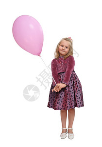 聪明的穿着漂亮裙子女孩拿着粉色气球有金发图片