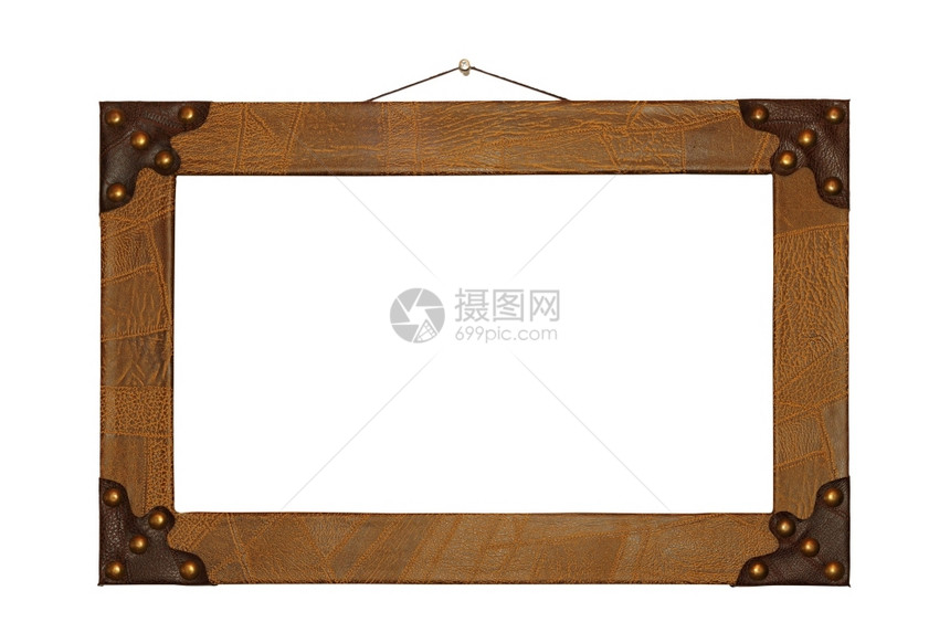 长方形木制的用白色背景上隔开的皮革完成古时空画框目的图片