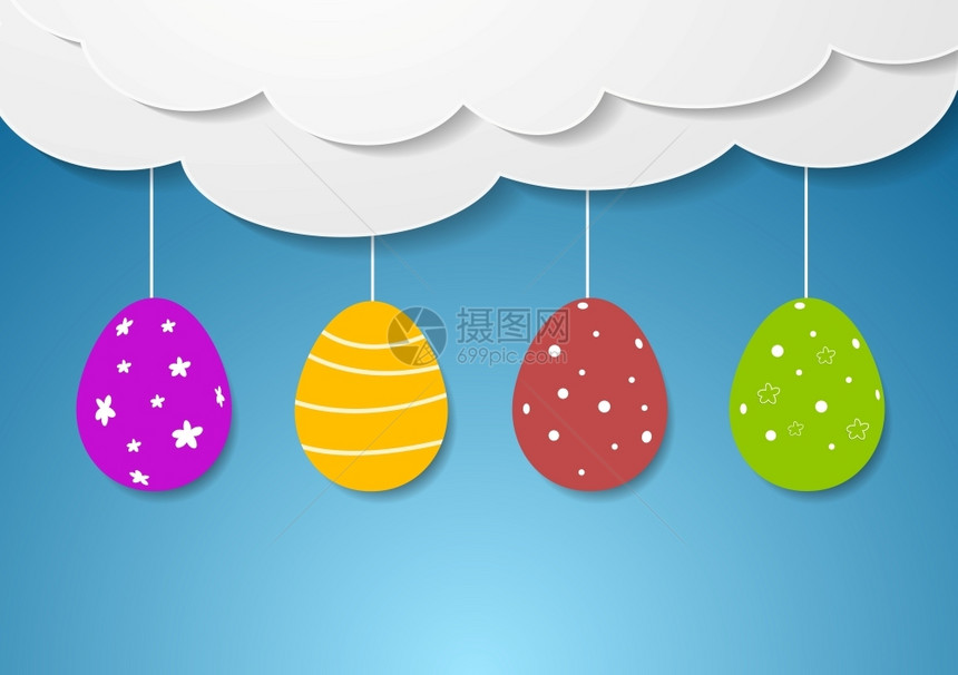 宣传册与复活节鸡蛋和云彩的平板设计复活节假日设计蓝色背景有明蛋和纸云假期紫色的图片