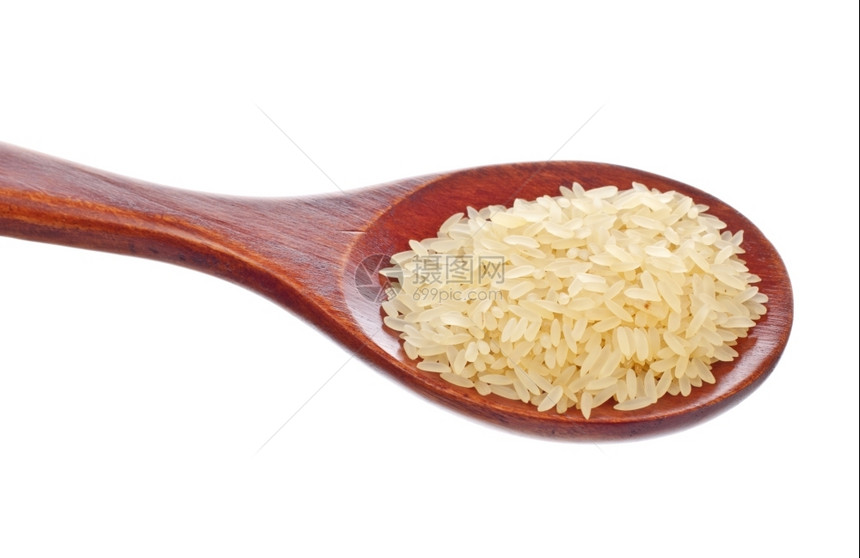 人白米用木勺制成白稻以色背景隔绝晚餐图片