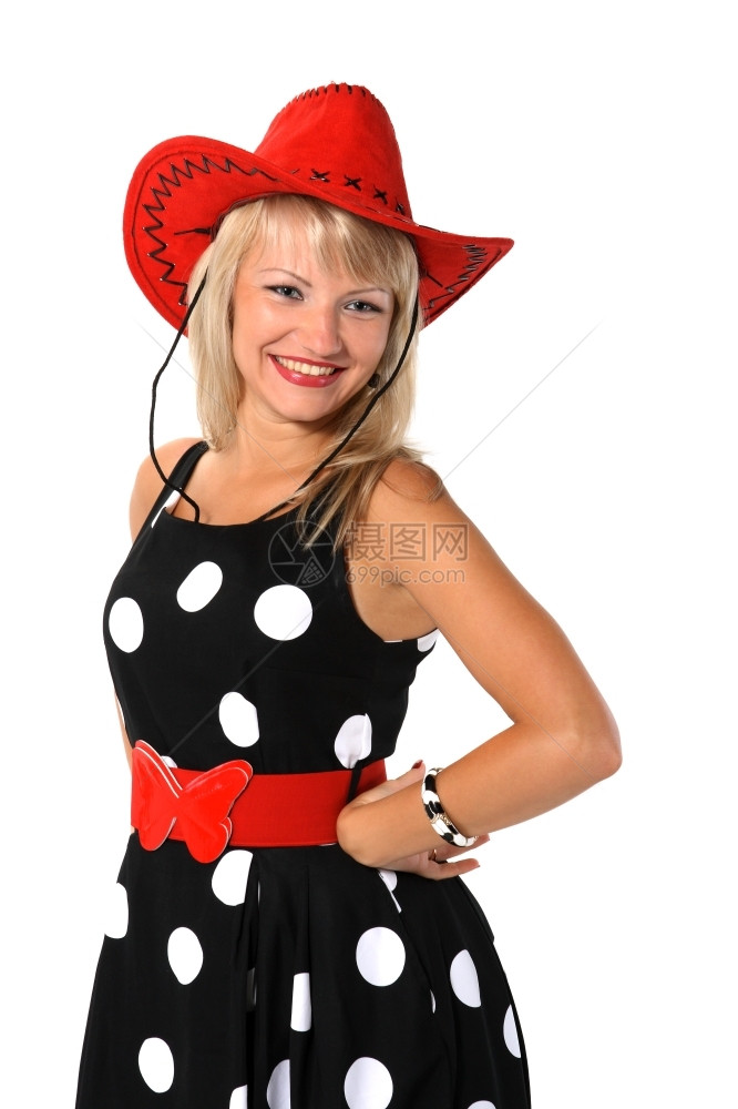 美丽的年轻女孩肖像穿着白色背景的红帽身着色子成人可爱的化妆品图片