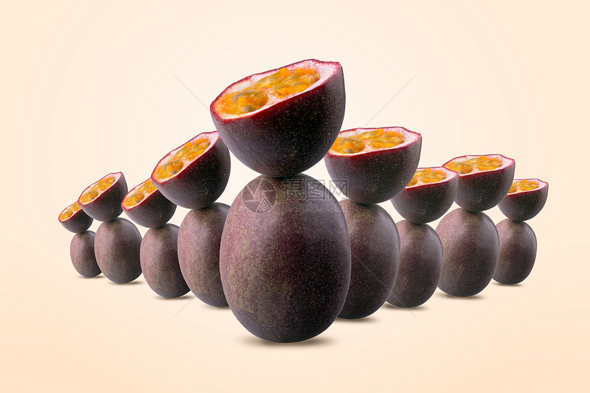 一半切片激情果实组在桃子背景上平衡整片激情果实所有的营养活力图片