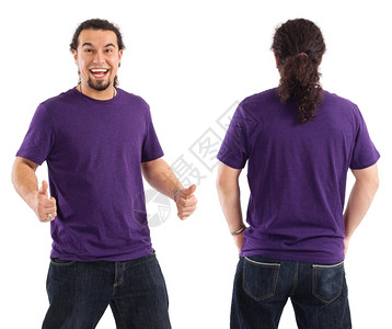萨姆纳斯穿白紫色T恤衫的年轻男前后背准备你的设计或艺术品紫色的肖像图片