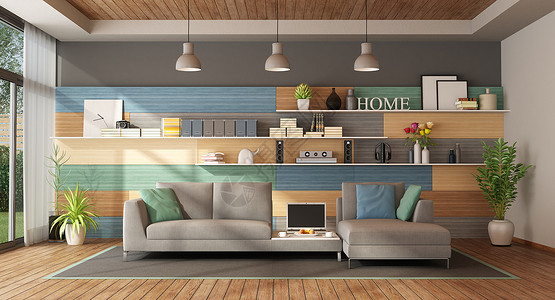 灰色银河货架家书柜墙一个现代别墅的丰富多彩客厅有布织沙发和以背景为木板的质壁橱窗3D制成一个现代别墅的色彩多客厅设计图片