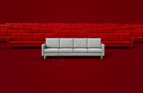 红色背景的白皮革沙发3D投影材料销售坐背景图片