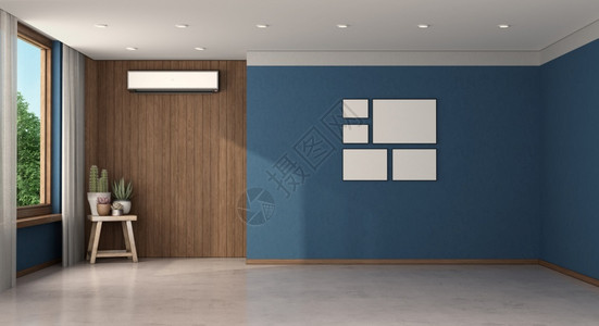 铲墙机家建筑学清空蓝室用木制板3D的空调机为蓝色室提供调机一种设计图片