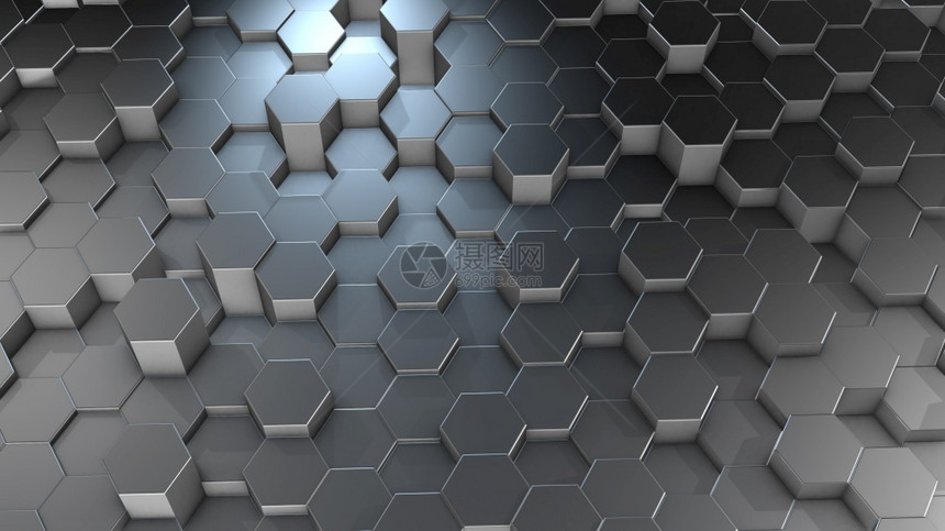 3D虚拟空间中抽象六边几何铝表面的翻转随机摆放几何形状六边的圆壁插图灰色的简单图片