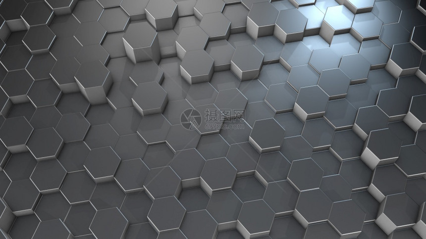 几何的运动网格3D虚拟空间中抽象六边几何铝表面的翻转随机摆放几何形状六边的圆壁图片