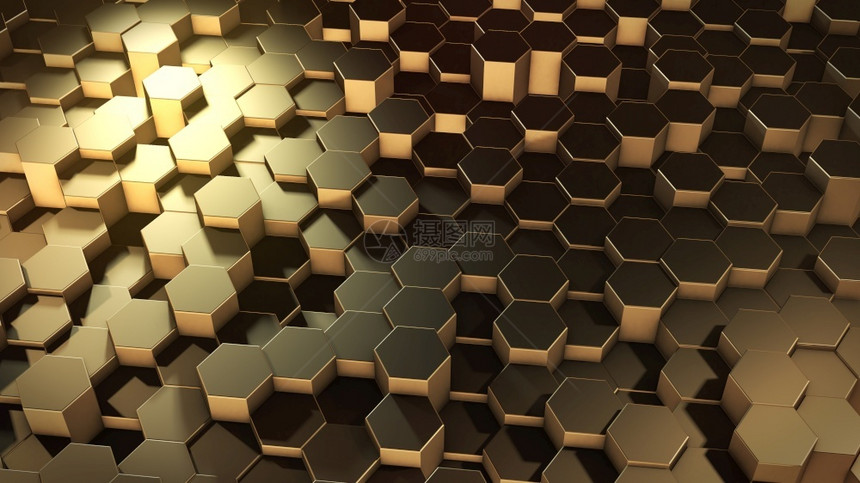 蜂窝形象的3D虚拟空间中抽象六边几何金表面的翻转随机定位几何形状六边的圆墙壁使成为图片