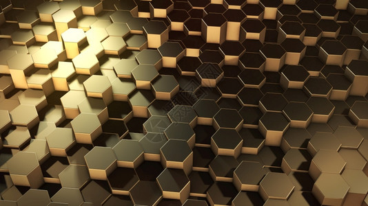 蜂窝形象的3D虚拟空间中抽象六边几何金表面的翻转随机定位几何形状六边的圆墙壁使成为背景图片