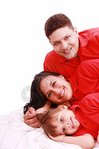 爸白种人父亲母和女儿的家庭肖像画他们被白种背景孤立红色的图片