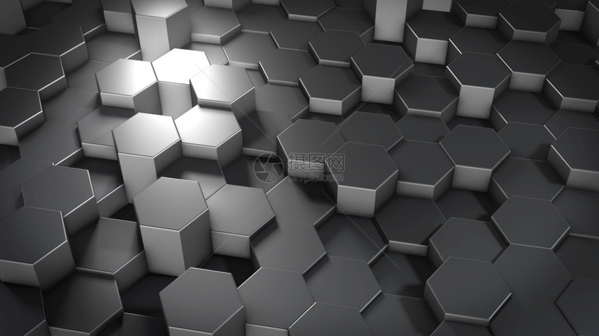 六角形象的抽虚拟空间中抽象六边几何金属表面的3D翻转随机定位几何形状六边的圆墙壁图片
