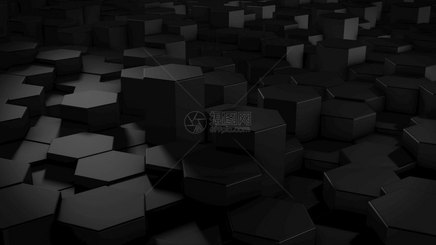 多面体3D虚拟空间中抽象六边几何黑色表面的翻转随机定位几何形状六边的圆壁简单结构体图片
