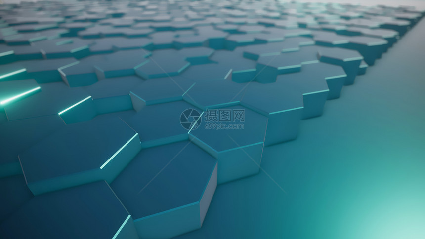 3D虚拟空间中抽象六边形几何表面的翻转随机定位几何形状六边的圆壁多网格马赛克图片