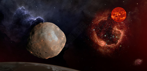 人马座行星Phobos的幻想构成即火星卫Phobos的幻想组成旧太阳照耀着美国航天局提供的这张图像中Centaurus星座元素中的RC背景