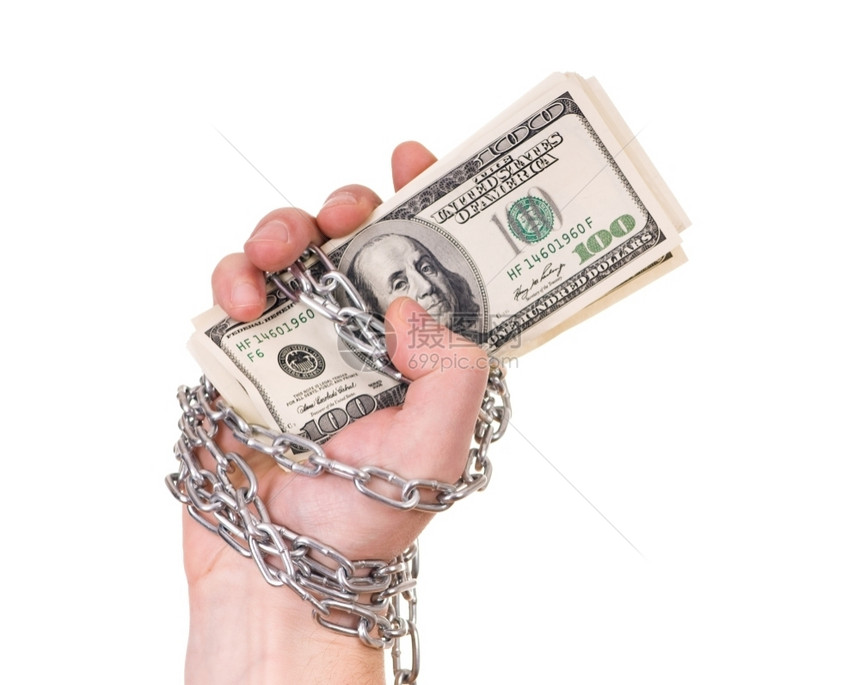 现金销售拇指手与美元绑在一起被条孤立在白色背景的链条捆绑图片