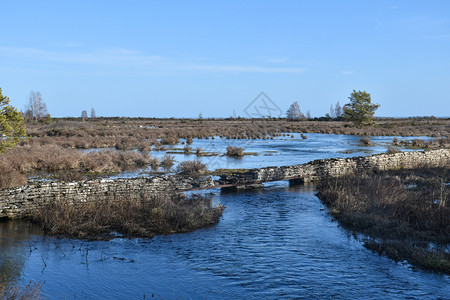 季节库尔曼在瑞典群岛奥兰的一片广阔平原风景中春时淹水的小溪图片