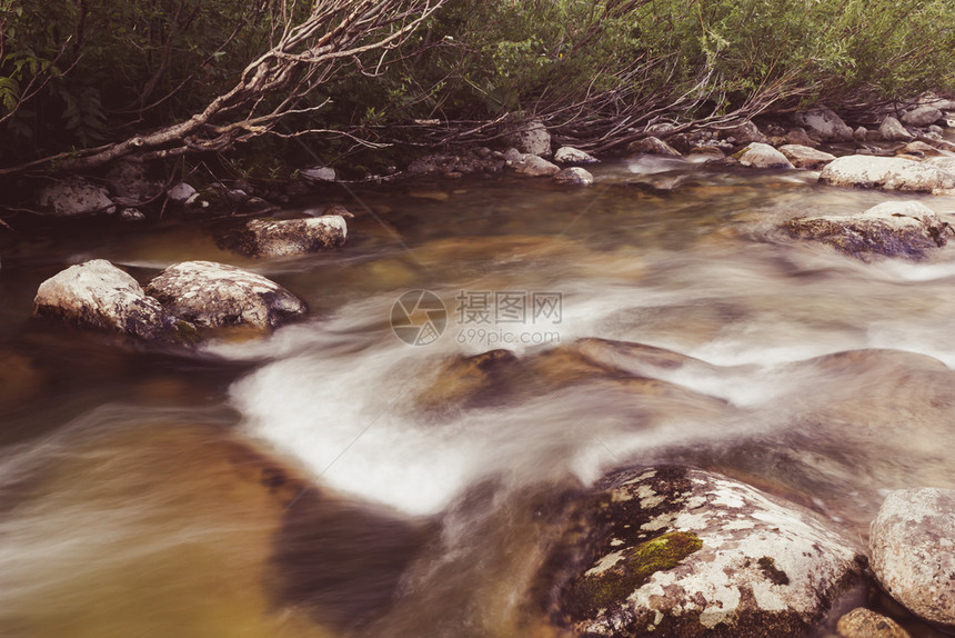 树溪流中有石头的快速山区河流岩石春天图片