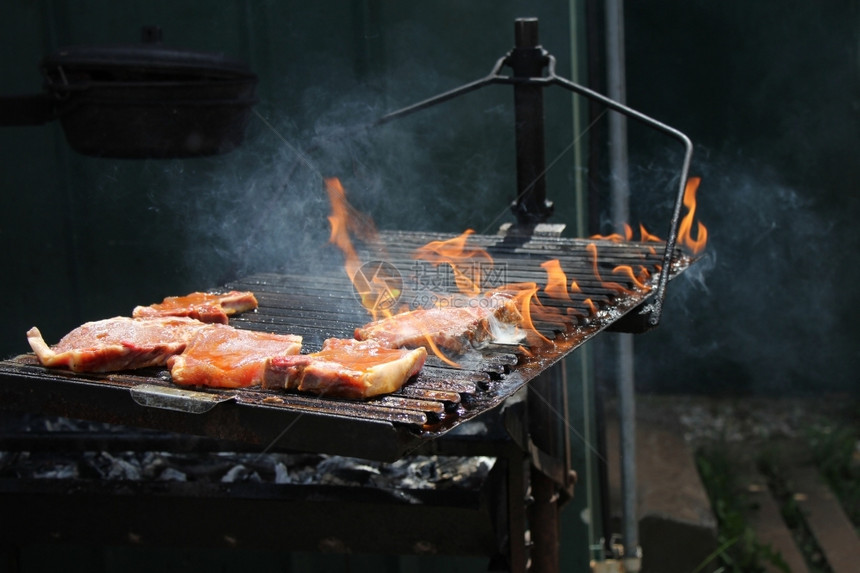 木炭燃烧夏天在烤架上用火焰猪排图片
