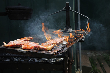 木炭燃烧夏天在烤架上用火焰猪排图片