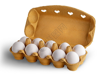 盒子里鸡蛋白色的包裹黄开放托盘在白色背景上隔离10个白蛋开放托盘鸡蛋旋转背景