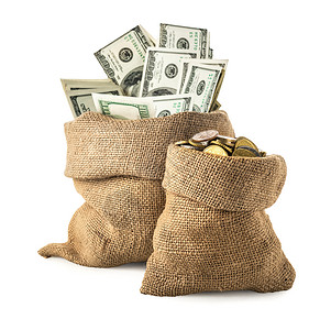 储蓄白种背景上孤立的有美元和硬币垃圾袋礼物经济学图片