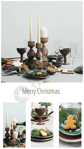 卡片圣诞生日蛋糕和餐桌布眼镜蜡烛盘子姜饼的圣诞照片拼贴幸福奢华图片