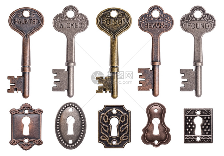 锁孔闹鬼放白色背景上隔离的一套旧密钥和眼图片