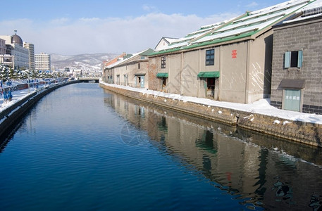 在日本北海道奥塔鲁日本Honshu以北海道的运河东北亚旅游地标蓝色的背景图片