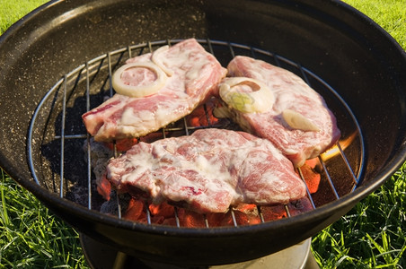 熏制煤炭野餐草背景中带生肉的水壶烧烤架图片