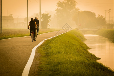 农田外部风景在小溪附近的农村自行车路和雾中桥上的老年人迷雾地点的桥梁图片