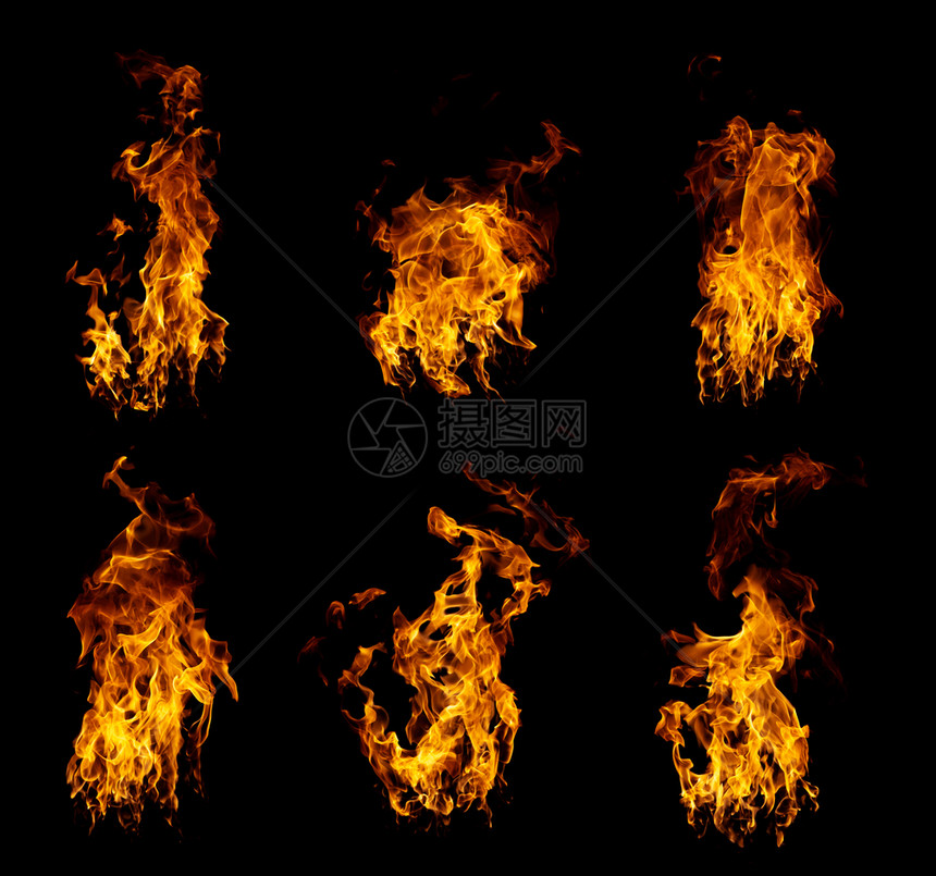 一群真实和热火的焰在黑背景下燃烧魔鬼炽烈红色的图片