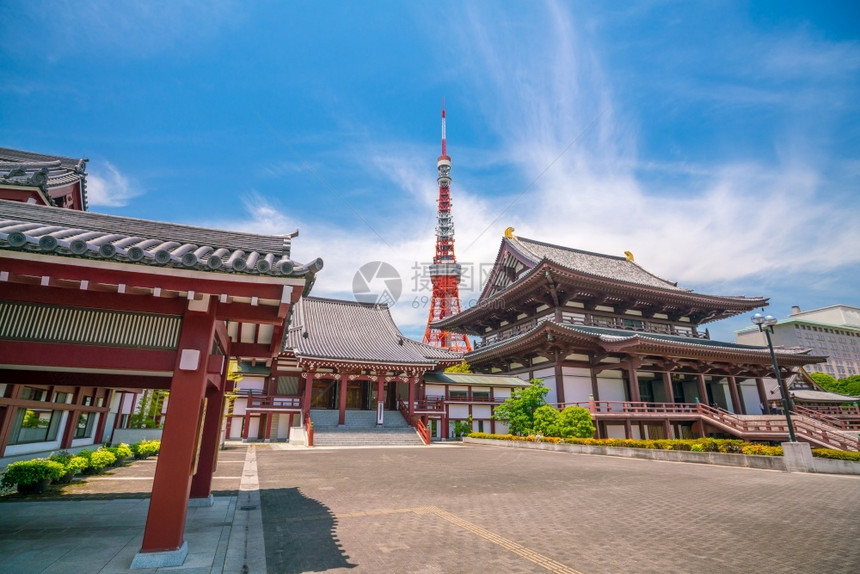 老的亚洲旅游日本左济寺和东京塔景观图片