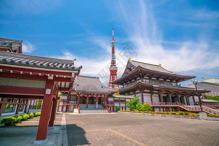 老的亚洲旅游日本左济寺和东京塔景观背景图片
