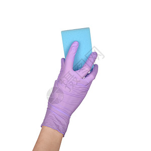 擦洗女手碗海绵戴乳胶紫套隔离在白色的卫生女佣图片