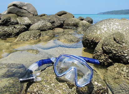 礁石上的潜水眼镜背景图片