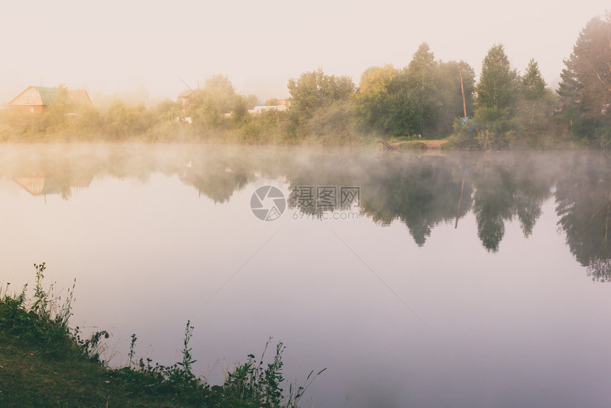 太阳自然神秘渔池湖边的河流树上薄雾清晨天空图片