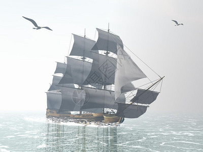 数字的风经过海鸥旁边的美丽而精细旧商船由雾清晨光旧商船3D图片