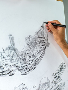 有创造力的职业在白帆布上画黑墨笔写着关于交通和城市的简便精美艺术的图片
