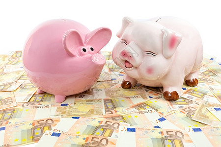 传播经济动物两家粉红小猪银行发欧元钞票白种背景被孤立图片