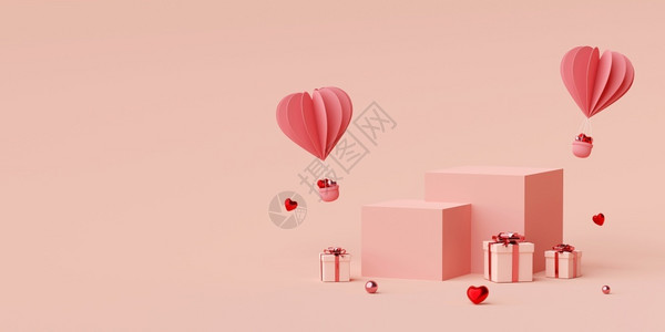 盒子玫瑰Podium带有心脏形状气球的Podium情人节横幅背景配有礼物盒3D投影问候背景图片