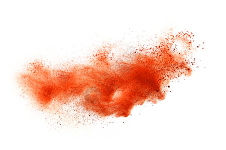关闭白底孤立的橙色粉尘粒子喷射点以白色为背景大量的发光画背景图片