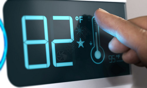 于家堡恒温器触摸数字自动调温器度控制的手指以将其设定为图像和3D背景三维图像之间82摄氏度的华温控制器复合物数字自动调温器度控制设置于设计图片
