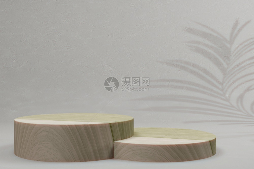 木头阴影以灰色背景上叶影的木制假图展示3D化成叶子图片