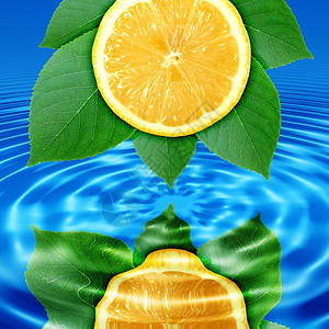 圆圈弗洛雷斯蓝水中柠檬切片和绿叶的反射摘要背景艺术图片